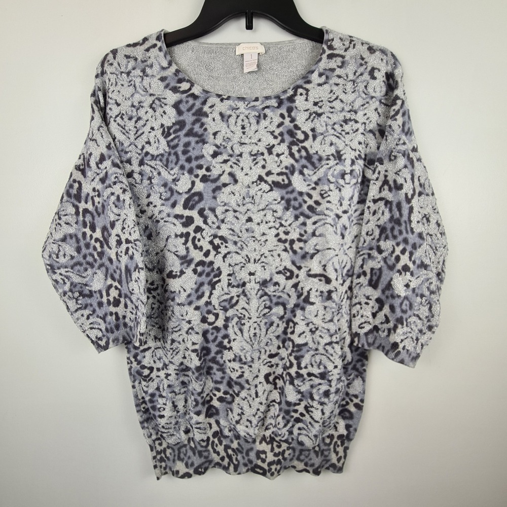 Chico's Silver Metallic Animal Damask Print 3/4 Sleeve Knit Sweater Size 1 M